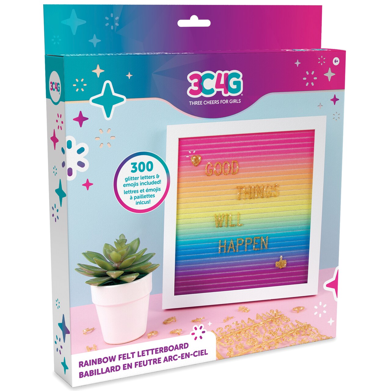 3C4G: Rainbow Felt Letterboard - 10' x 10" Changeable Message Board, With Hanging Hook & Stand, Make It Real, Tweens & Girls, 300 Gold Glittery Letters & Emojis, Room Décor, Three Cheers For Girls, Kids Ages 6+